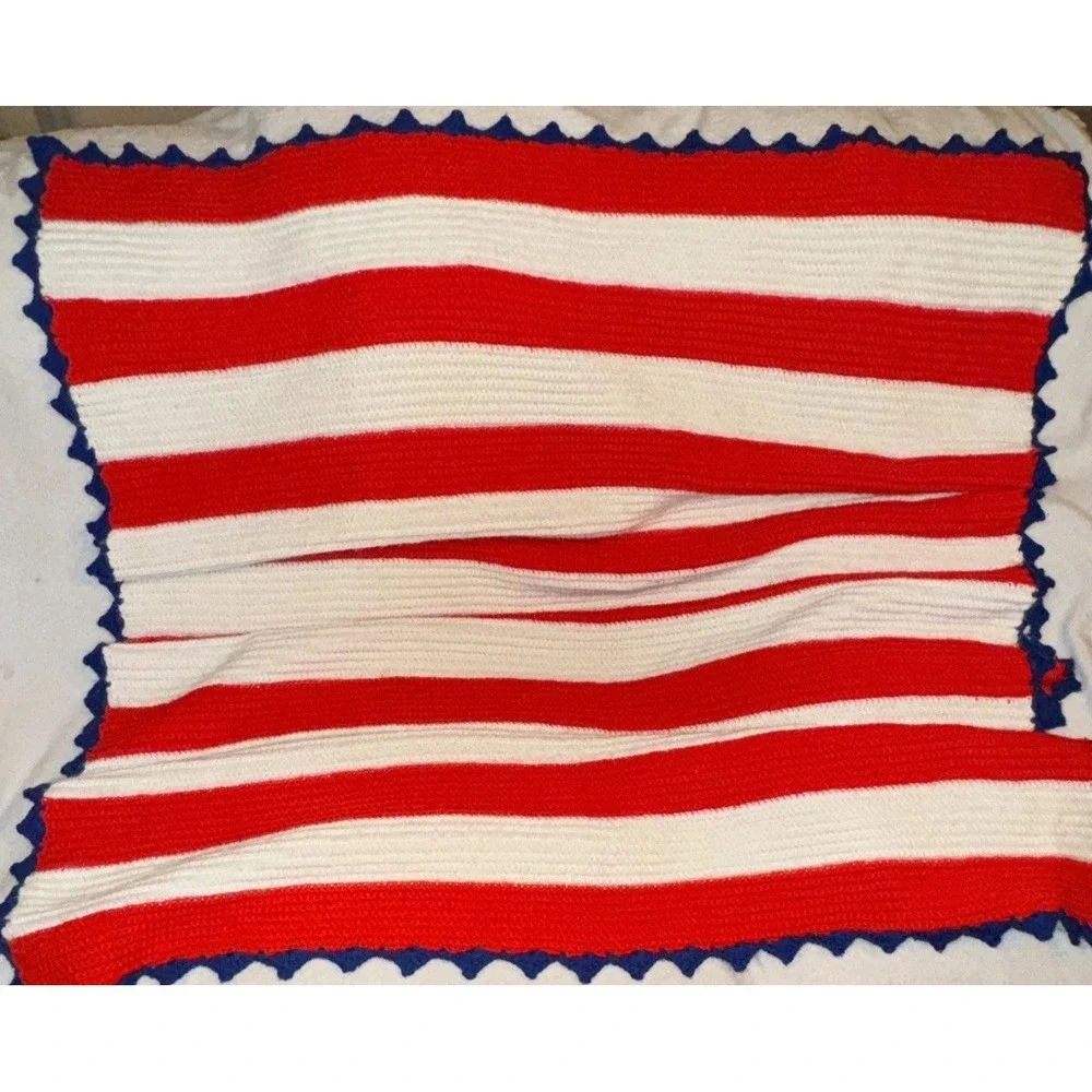 Handmade Crochet Afghan Blanket Red White Blue Patriotic Grannycore USA 42 X 76